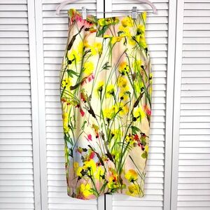 Daniela Corte Silk Floral Asymmetrical Pencil Midi Skirt Yellow Green Size 38 XS